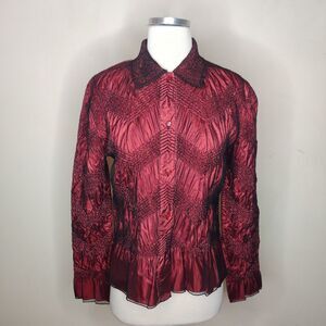 Coldwater Creek Top Red Black Crinkle Stretch Mesh Button Up